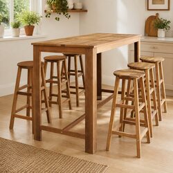 Rustic Acacia Wood Bar Table and Stool Set 7 Pieces
