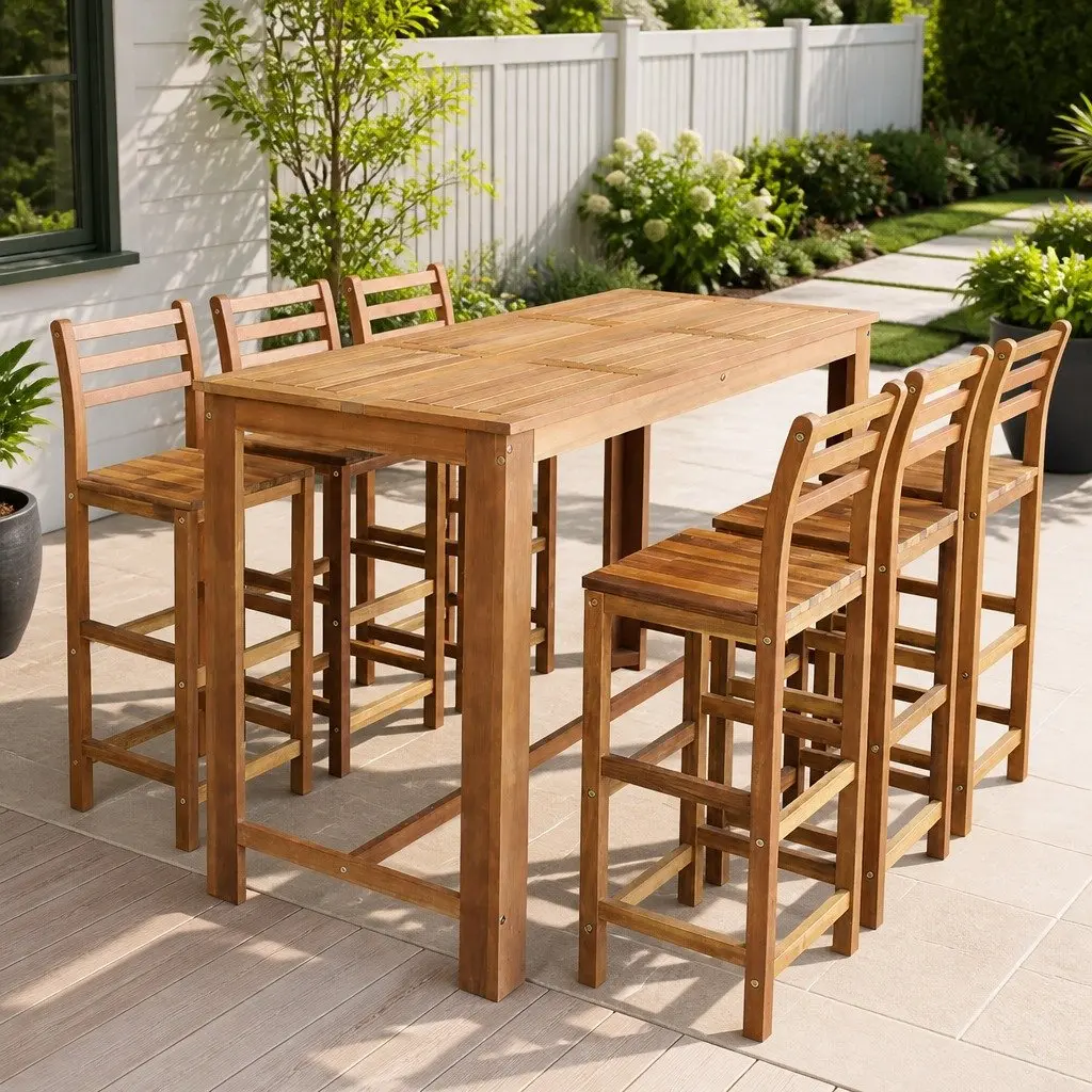 Bar Table and Chair Set Rustic Brown 7 Piece Solid Acacia Hardwood Dining Furniture