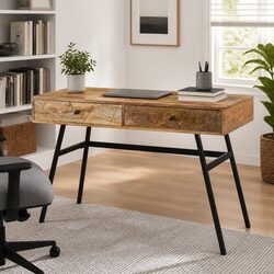 Solid Mango Wood Writing Desk with 2 Drawers and Steel Legs