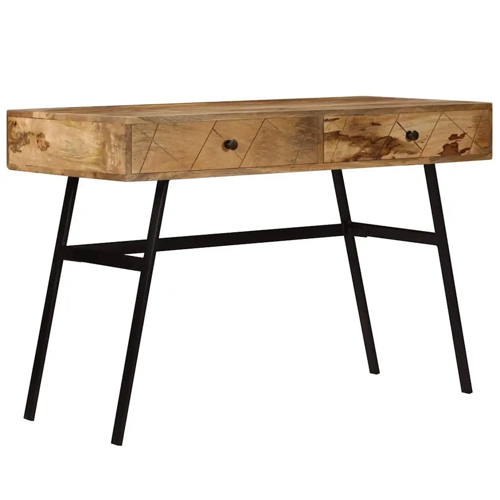 Solid Mango Wood Writing Desk with 2 Drawers and Steel Legs