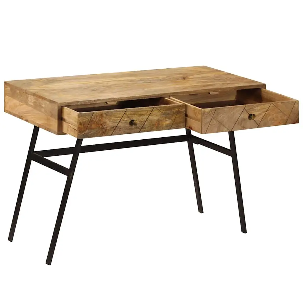Solid Mango Wood Writing Desk with 2 Drawers and Steel Legs