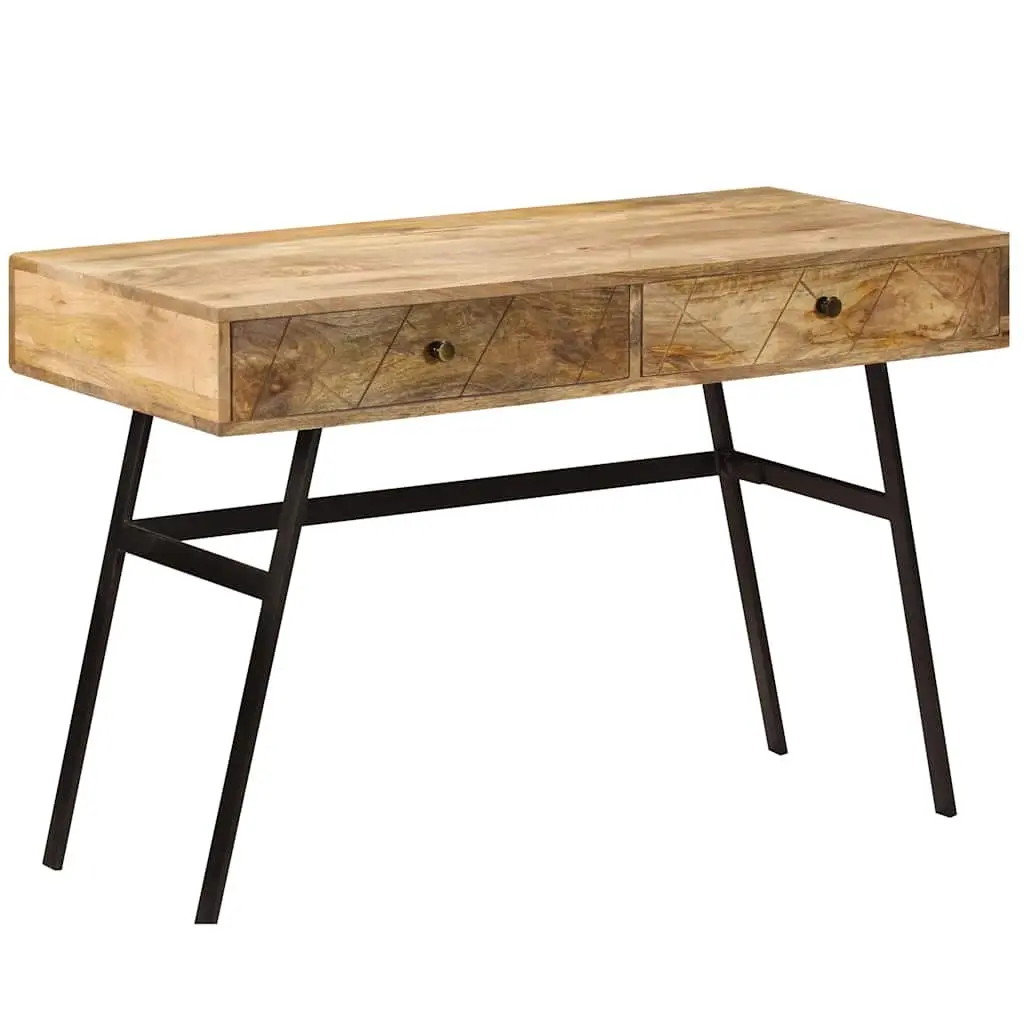 Solid Mango Wood Writing Desk with 2 Drawers and Steel Legs