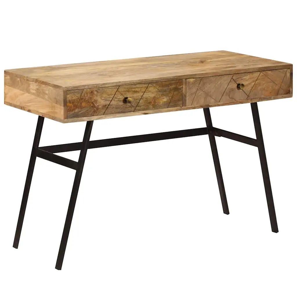 Solid Mango Wood Writing Desk with 2 Drawers and Steel Legs