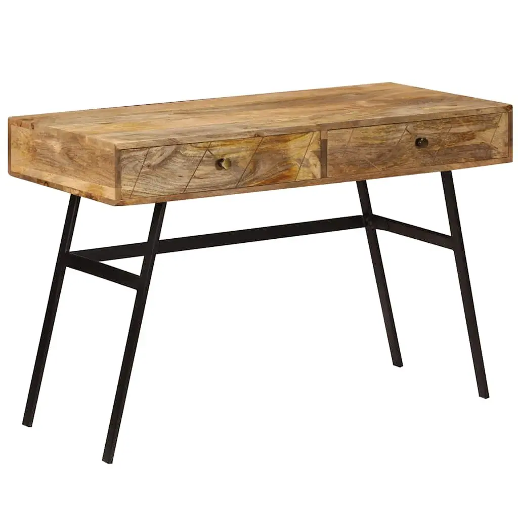 Solid Mango Wood Writing Desk with 2 Drawers and Steel Legs