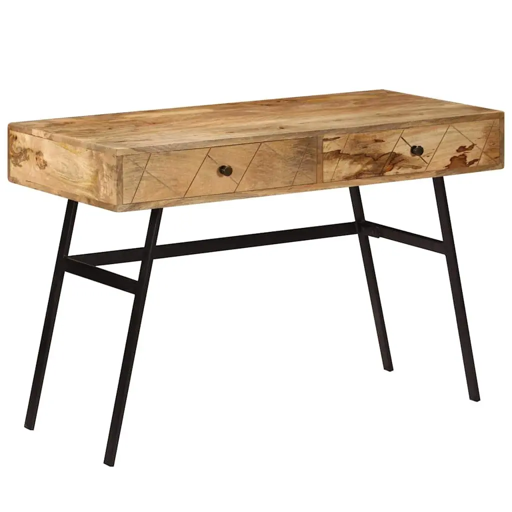 Solid Mango Wood Writing Desk with 2 Drawers and Steel Legs