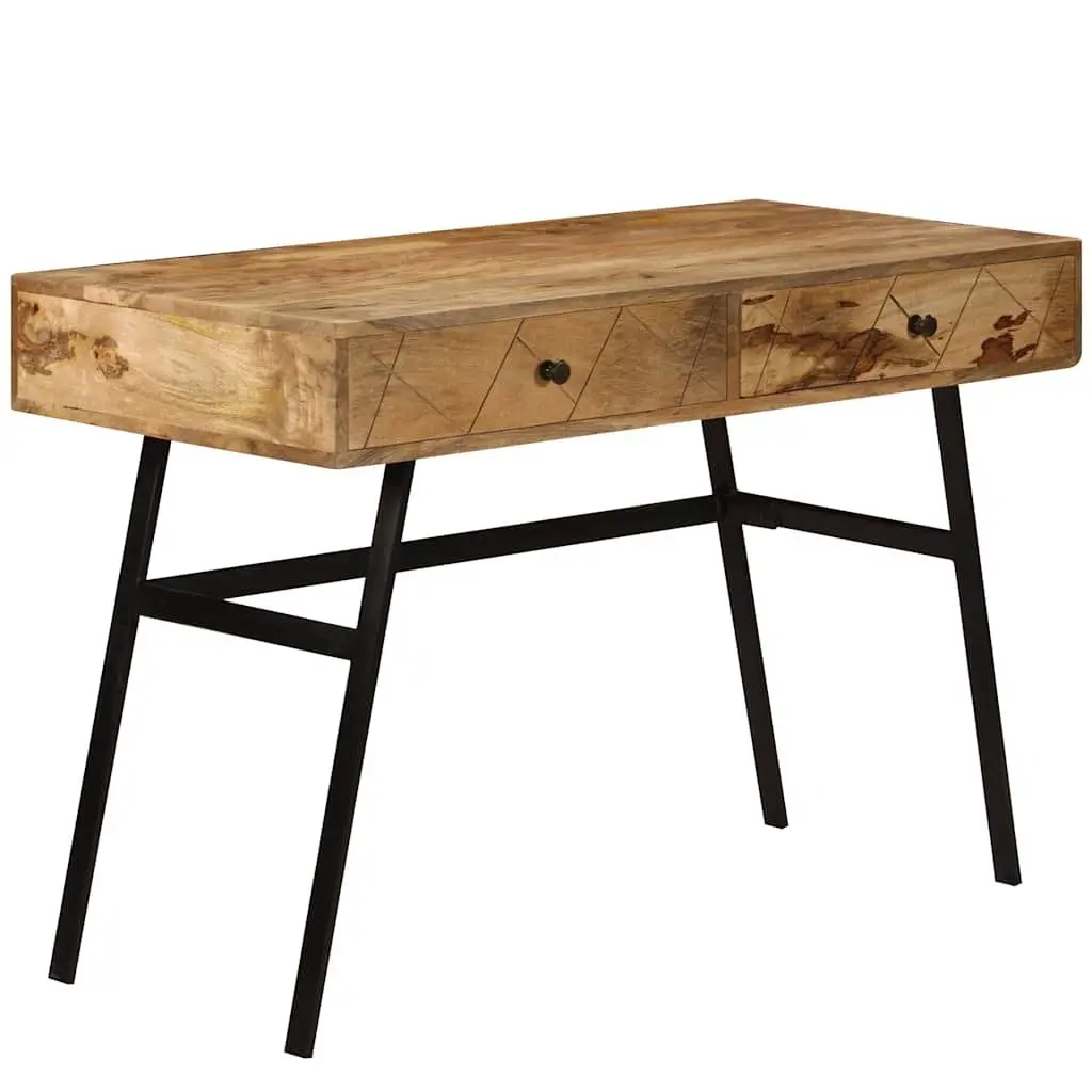 Solid Mango Wood Writing Desk with 2 Drawers and Steel Legs