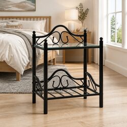 Stylish Black Steel Frame Bedside Table with Glass Shelves