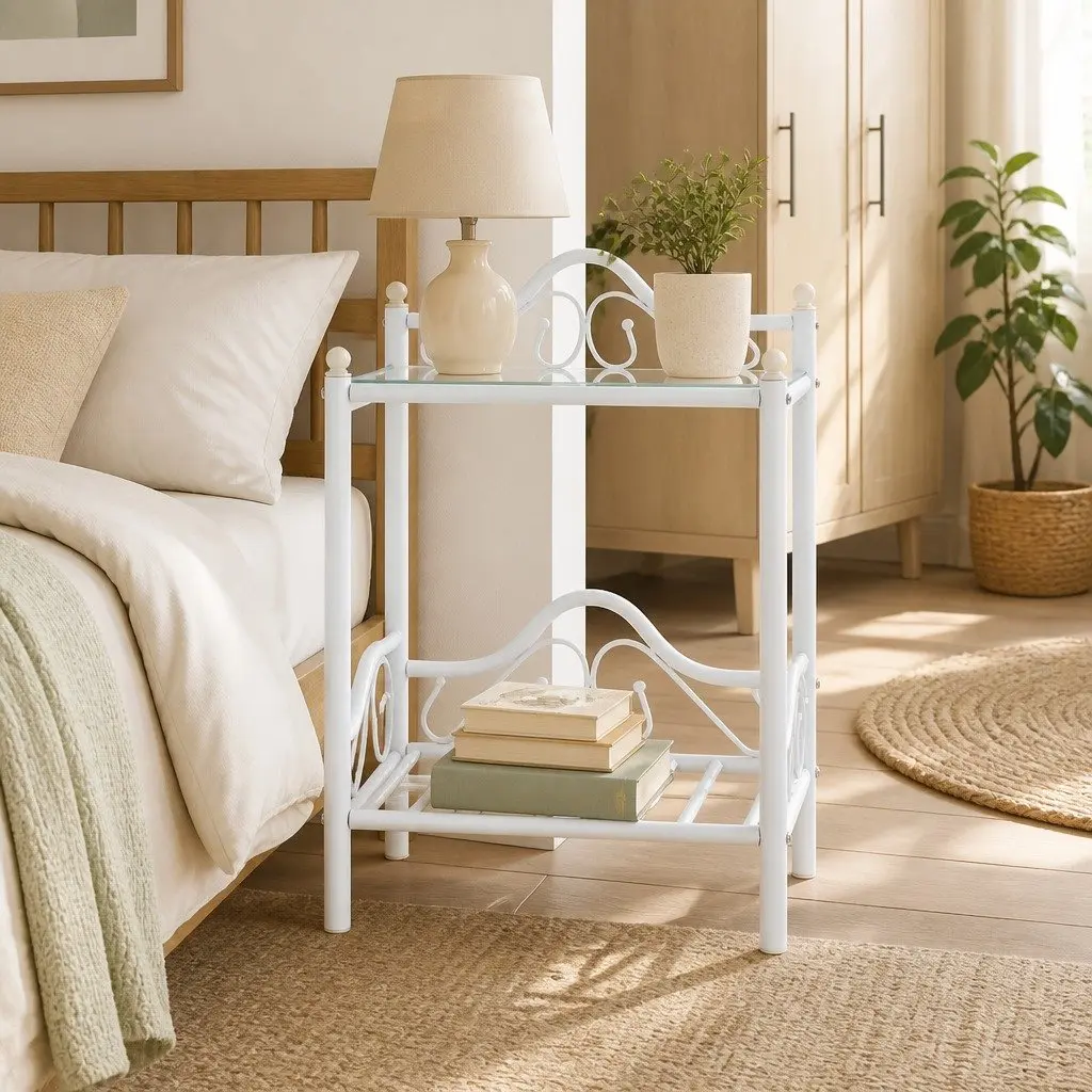 White Nightstand Steel Frame with Tempered Glass 2-Tier Shelves Bedside Table Furniture