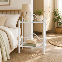 Stylish White Steel Bedside Table with Glass Shelves