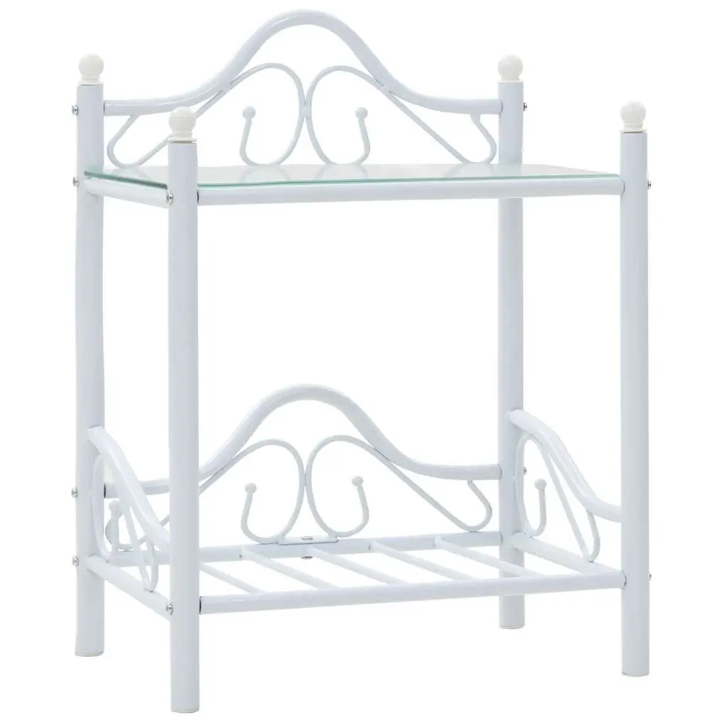 White Nightstand Steel Frame with Tempered Glass 2-Tier Shelves Bedside Table Furniture