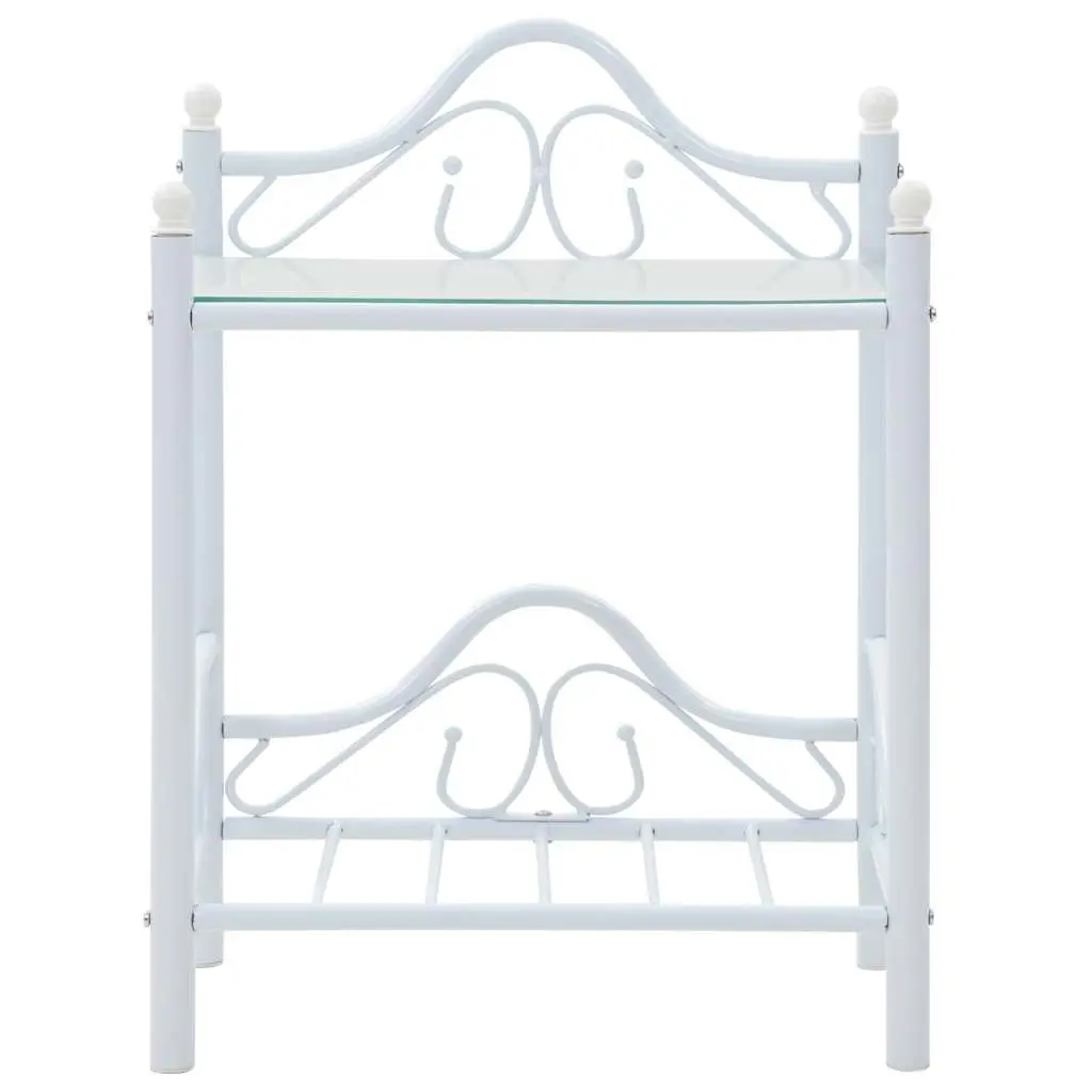 White Nightstand Steel Frame with Tempered Glass 2-Tier Shelves Bedside Table Furniture