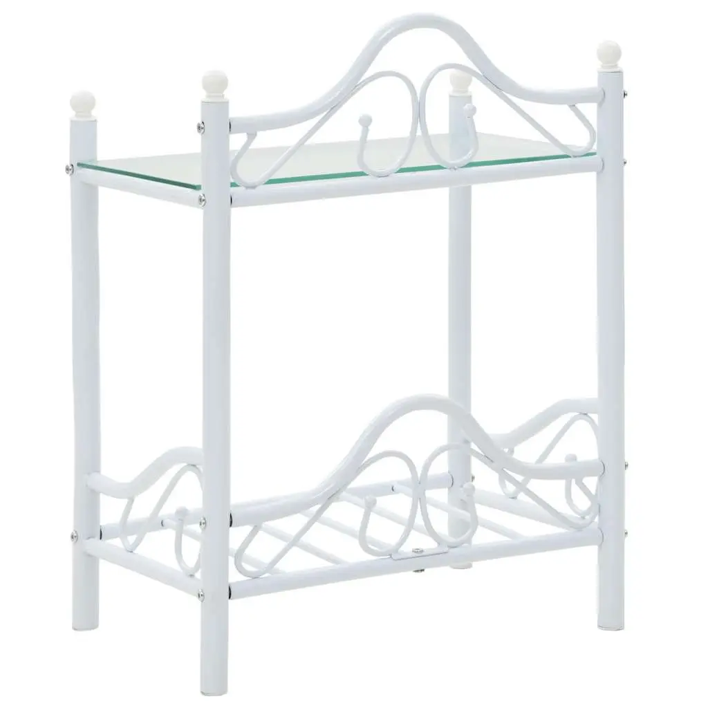 White Nightstand Steel Frame with Tempered Glass 2-Tier Shelves Bedside Table Furniture