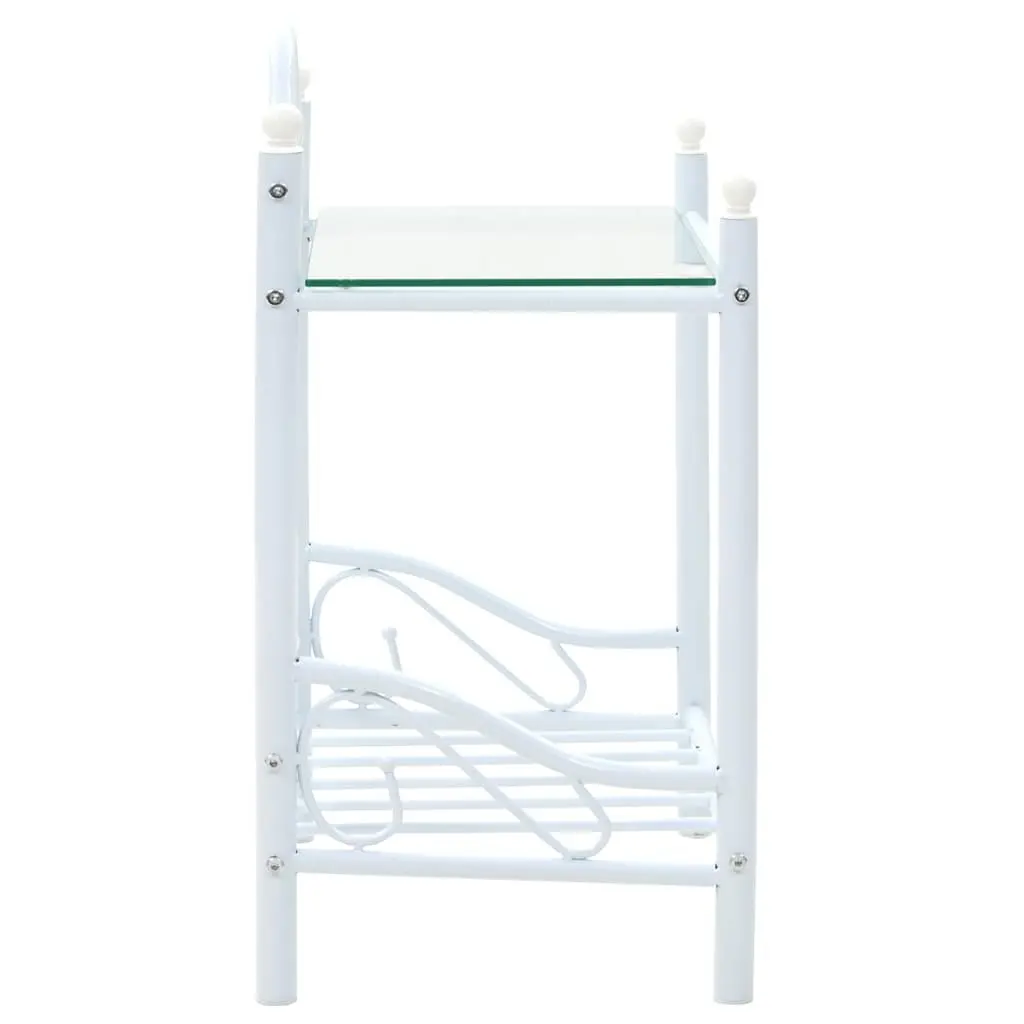 White Nightstand Steel Frame with Tempered Glass 2-Tier Shelves Bedside Table Furniture