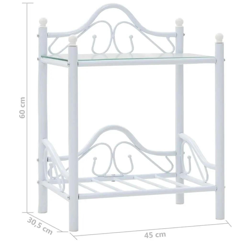 White Nightstand Steel Frame with Tempered Glass 2-Tier Shelves Bedside Table Furniture