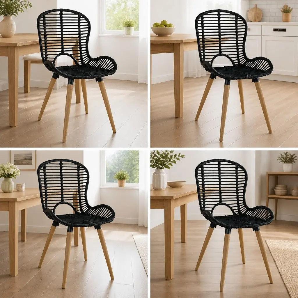 Dining Chairs Black Natural Rattan Wooden Legs Set of 4