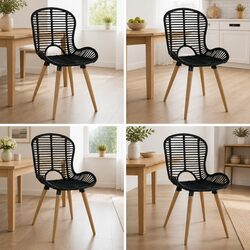 Set of 4 Black Dining Chairs with Rattan Seats
