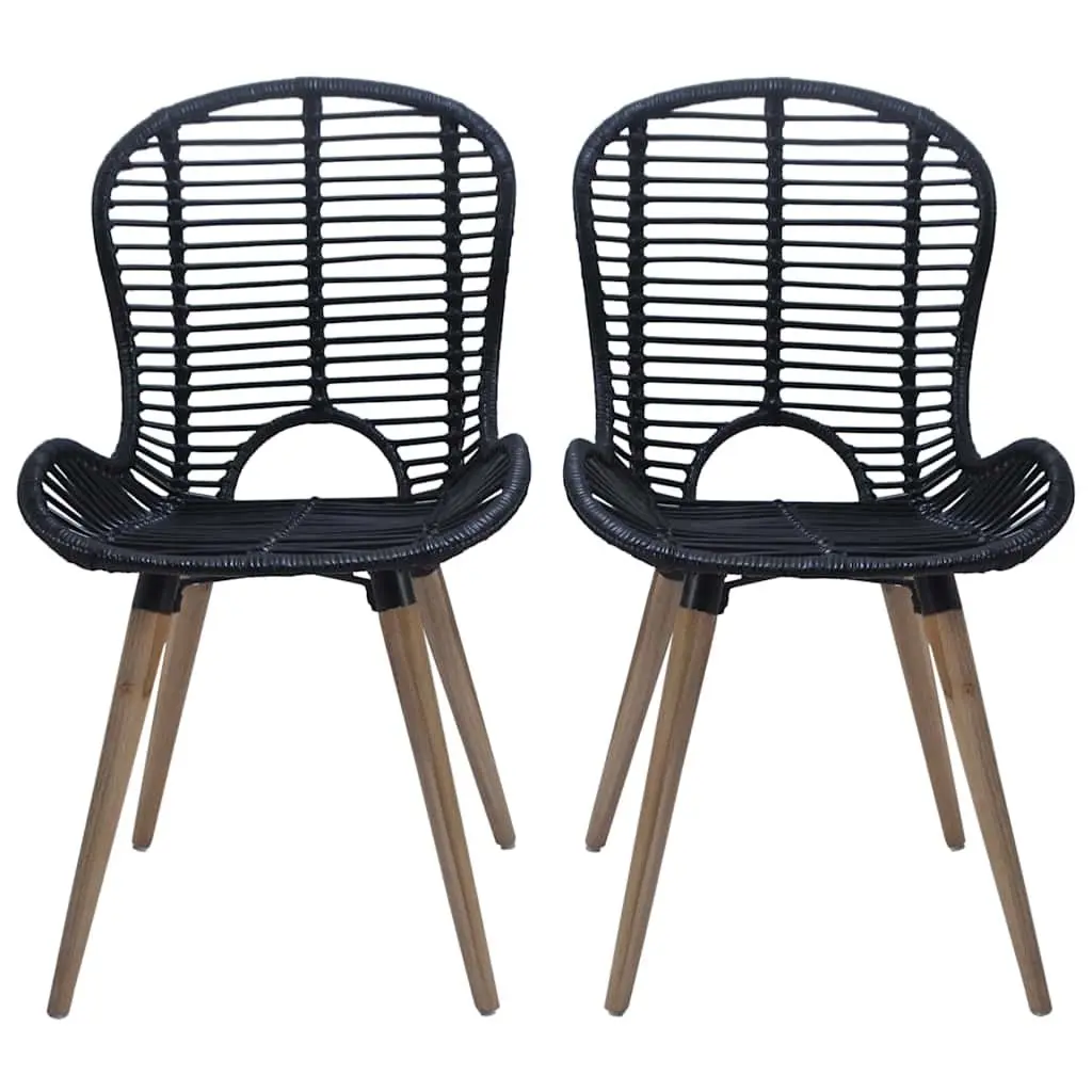 Dining Chairs Black Natural Rattan Wooden Legs Set of 4