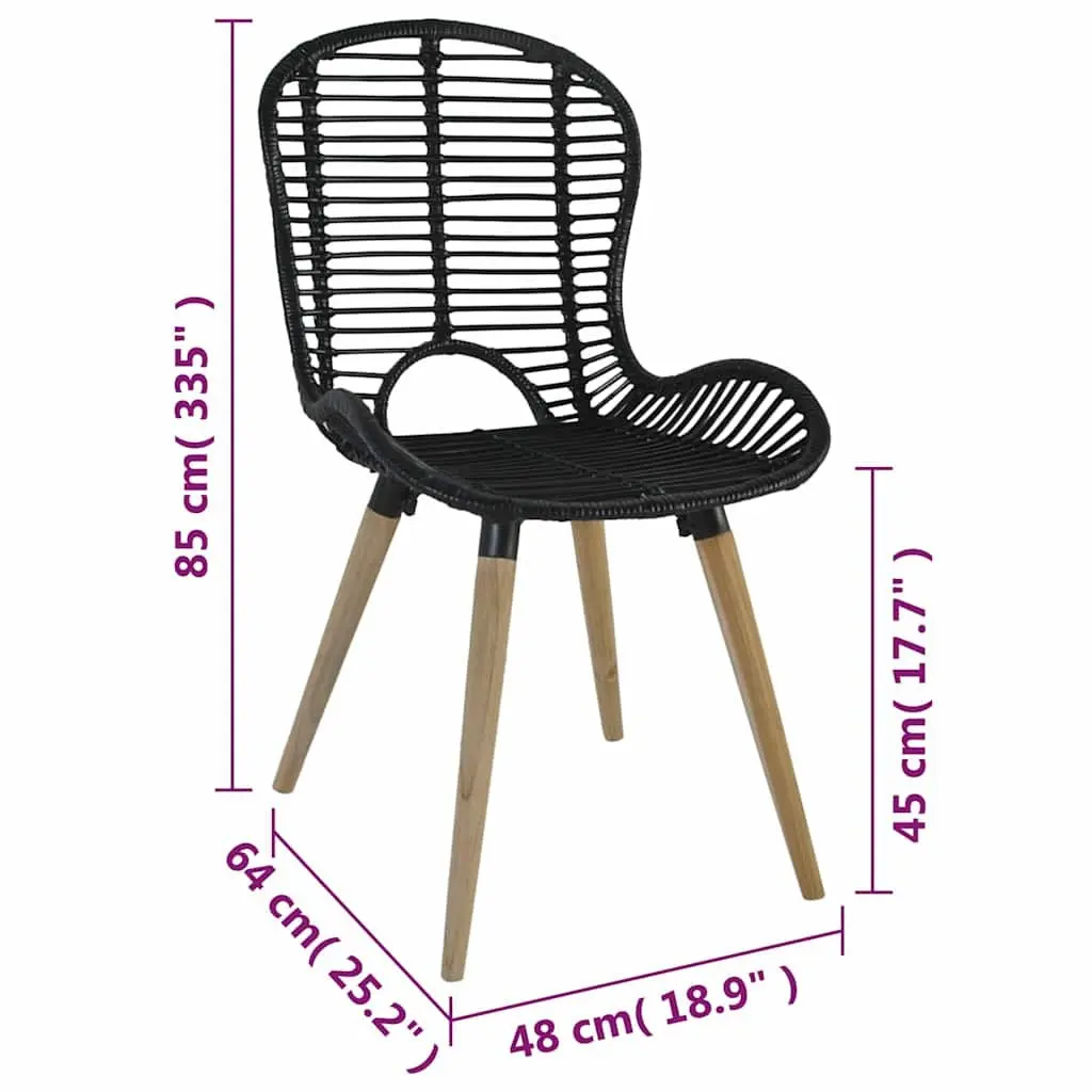 Dining Chairs Black Natural Rattan Wooden Legs Set of 4