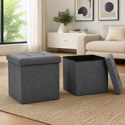 Set of 2 Grey Faux Linen Folding Storage Stools