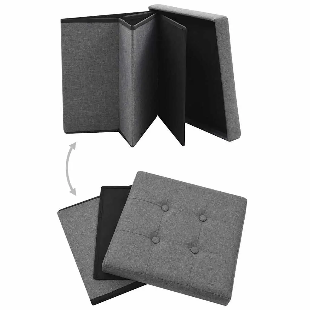 Folding Storage Stools Grey Faux Linen 2 Piece MDF Frame