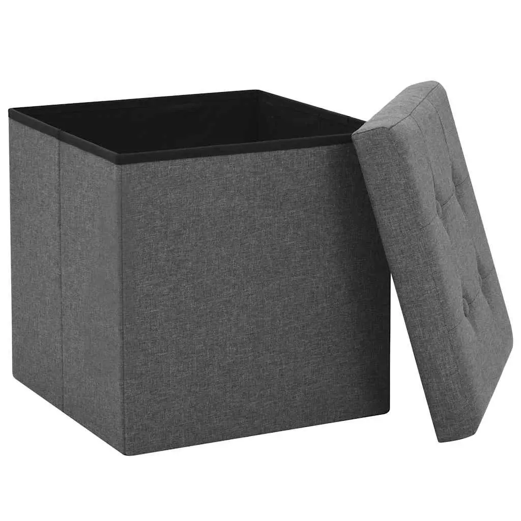 Folding Storage Stools Grey Faux Linen 2 Piece MDF Frame