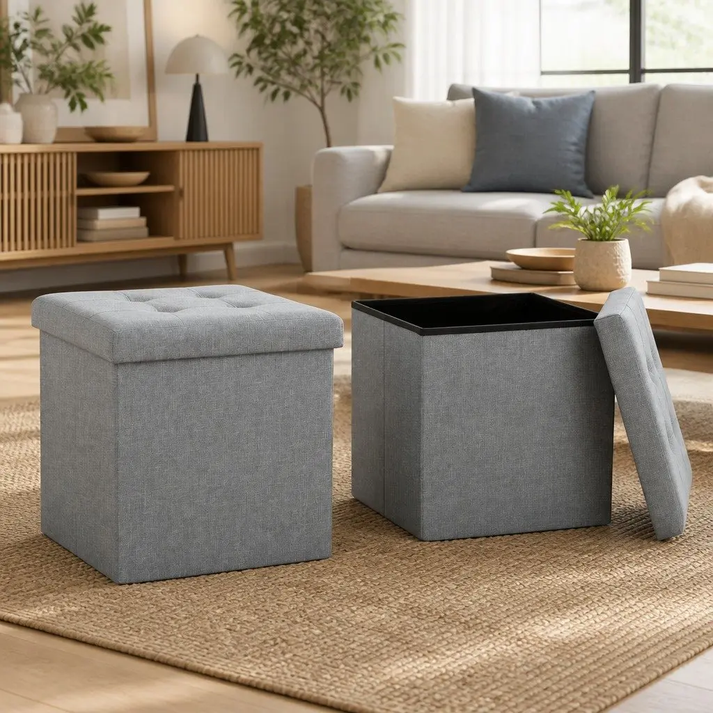 Grey Faux Linen Upholstered Folding Storage Stools (Set of 2)