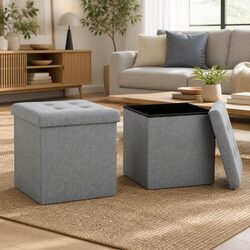 Grey Faux Linen Upholstered Folding Storage Stools (Set of 2)