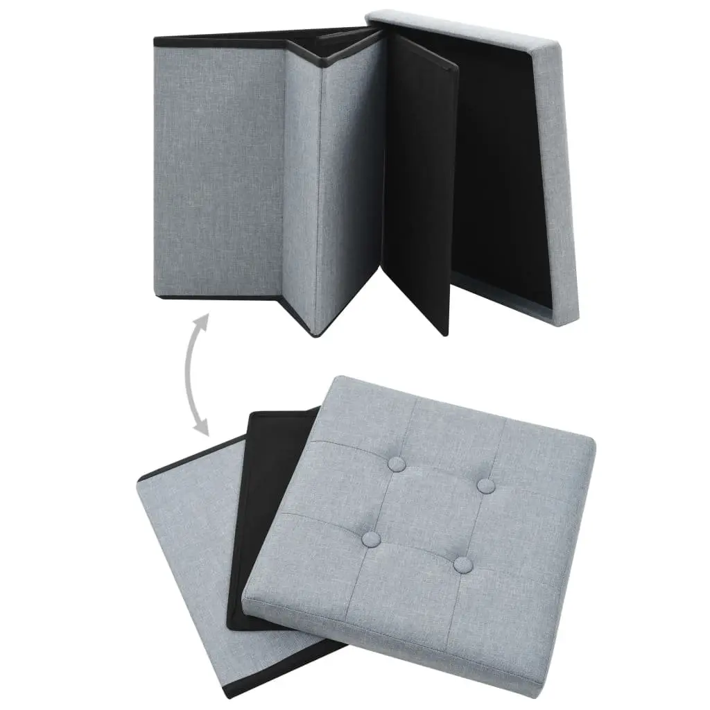 Grey Faux Linen Upholstered Folding Storage Stools (Set of 2)