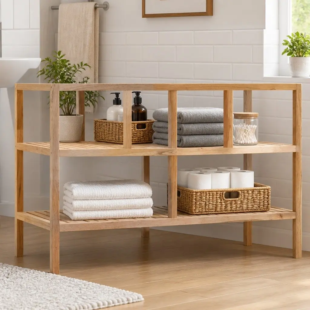 Bathroom Shelf 3-Tier Storage Rack 100x40x65cm Slatted Wooden Shelving Unit