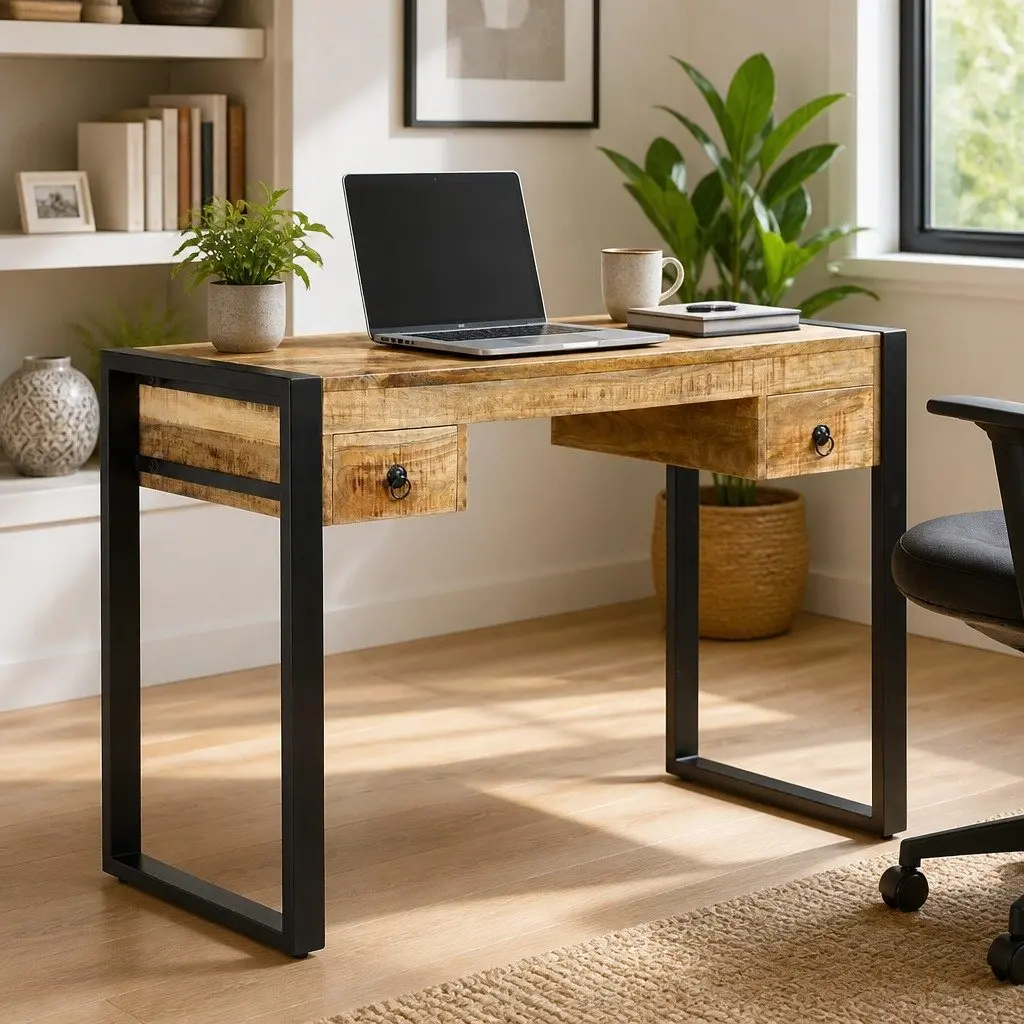 Solid Mango Wood Desk with 2 Drawers 110x50x77 cm Brown Office Computer Table