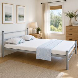 Metal Double Bed Frame in Grey with Slatted Base