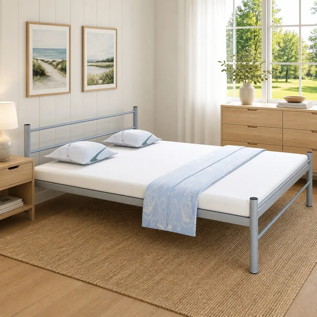Grey Metal Queen Size Bed Frame with Slat Base