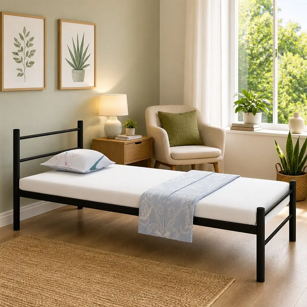 Metal Bed Frame Black King Single Slatted Base Solid Construction