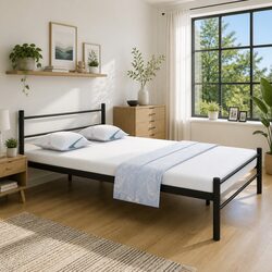 Stylish Black Metal Double Bed Frame with Slatted Base