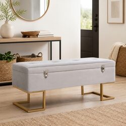Grey Velvet Upholstered Storage Bench 105cm