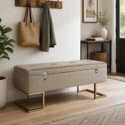 Beige Velvet Upholstered Storage Bench 105 cm