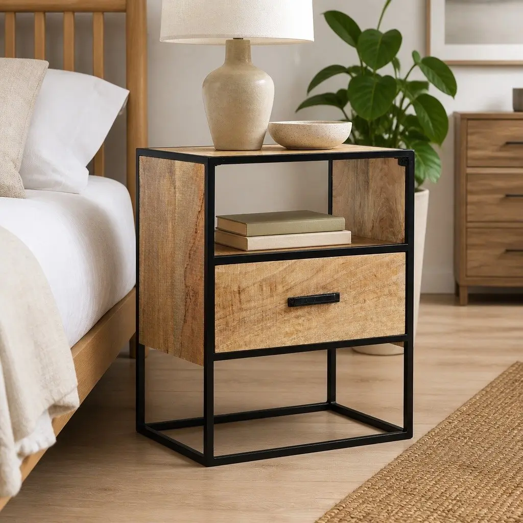 Nightstand in Brown with Solid Wood and Steel 40x30x50cm