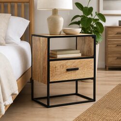 Charming Solid Mango Wood Nightstand with Steel Legs