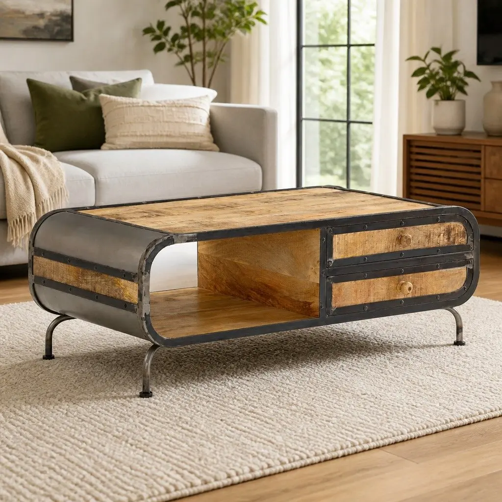 Solid Mango Wood Coffee Table with Storage Drawers