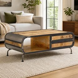 Solid Mango Wood Coffee Table with Storage Drawers