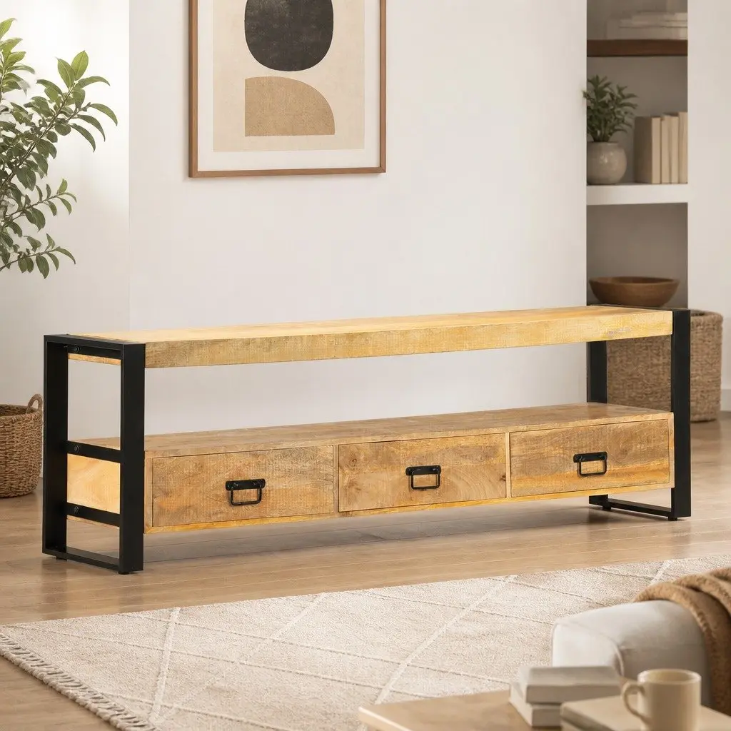 TV Cabinet Rustic 150x30x45 cm Solid Mango Wood Lowboard Storage Drawers