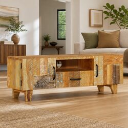 Reclaimed Wood TV Cabinet 120x30x40 cm with Hand Carved Doors