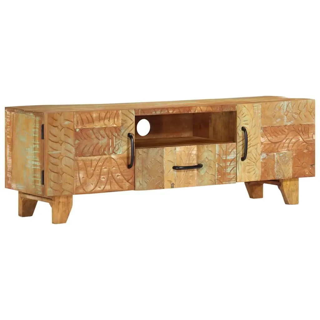 Reclaimed Wood TV Cabinet 120x30x40 cm with Hand Carved Doors
