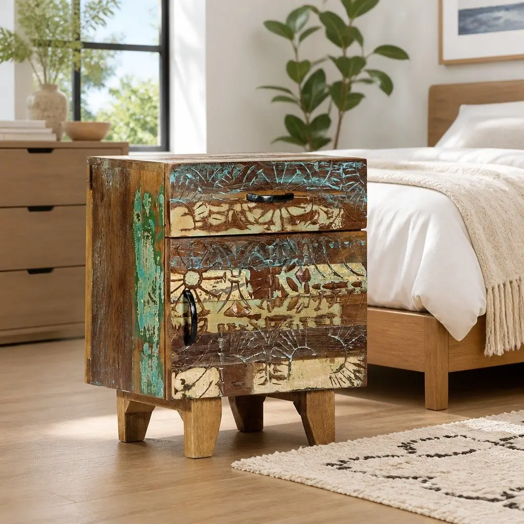 Hand Carved Solid Reclaimed Wood Nightstand