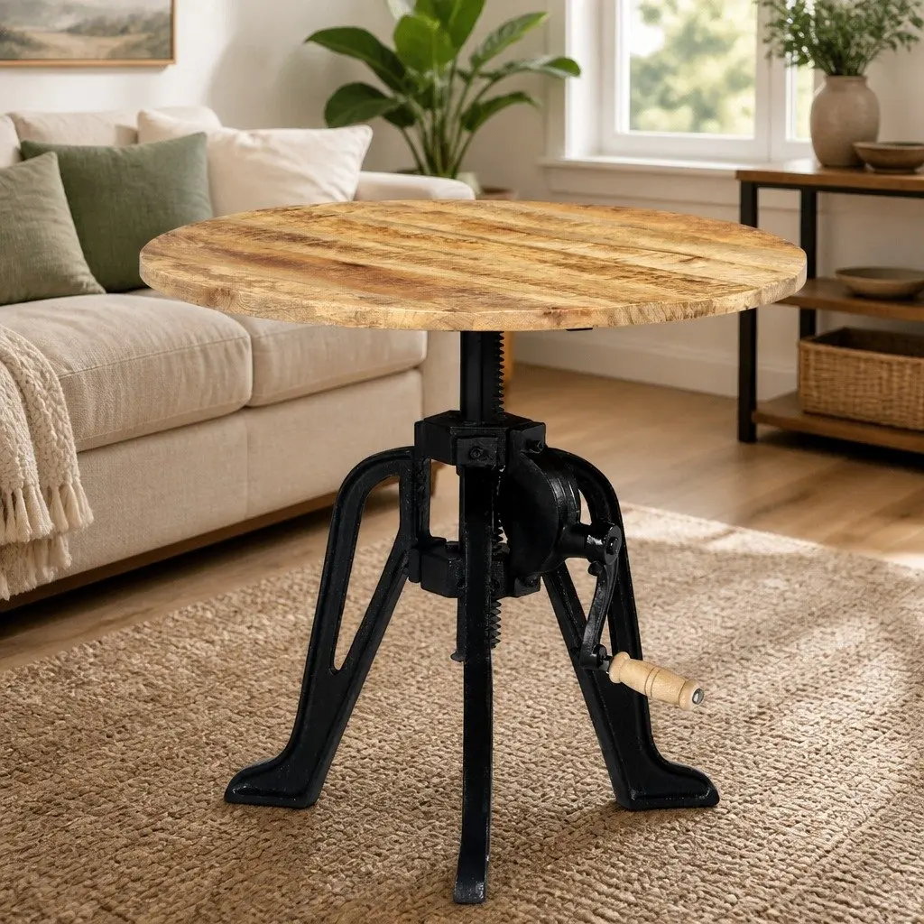 Adjustable Height End Table with Solid Mango Wood Top
