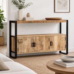 Solid Mango Wood Side Cabinet with Steel Frame
