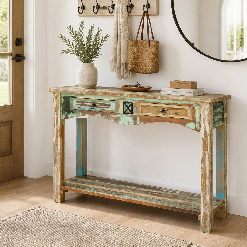 End Table Console Cabinet Solid Reclaimed Wood 120x40x75cm 2 Drawers 1 Shelf