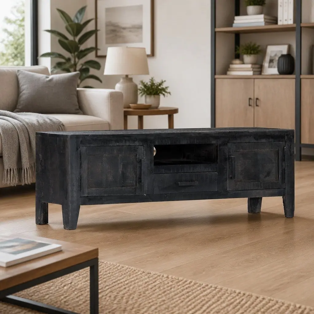 TV Cabinet Black 118x30x40cm Solid Mango Wood Storage Unit Furniture