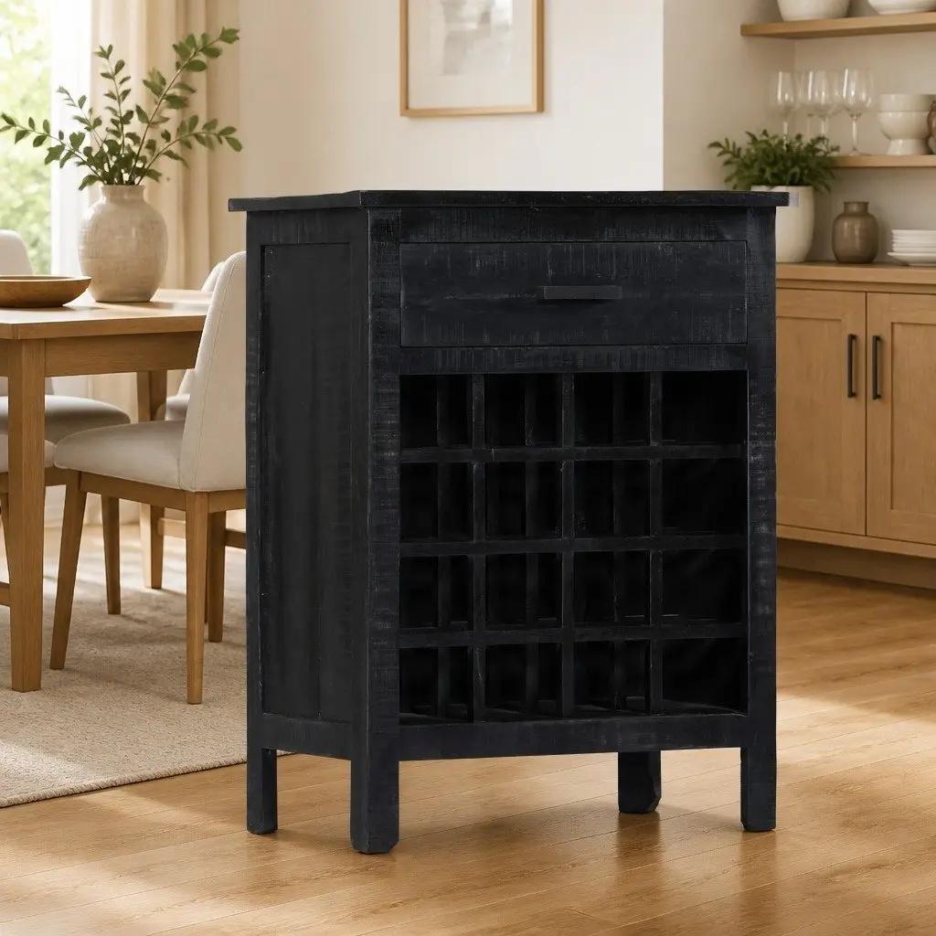 Black Wooden Wine Rack Storage Cabinet in Mango Wood