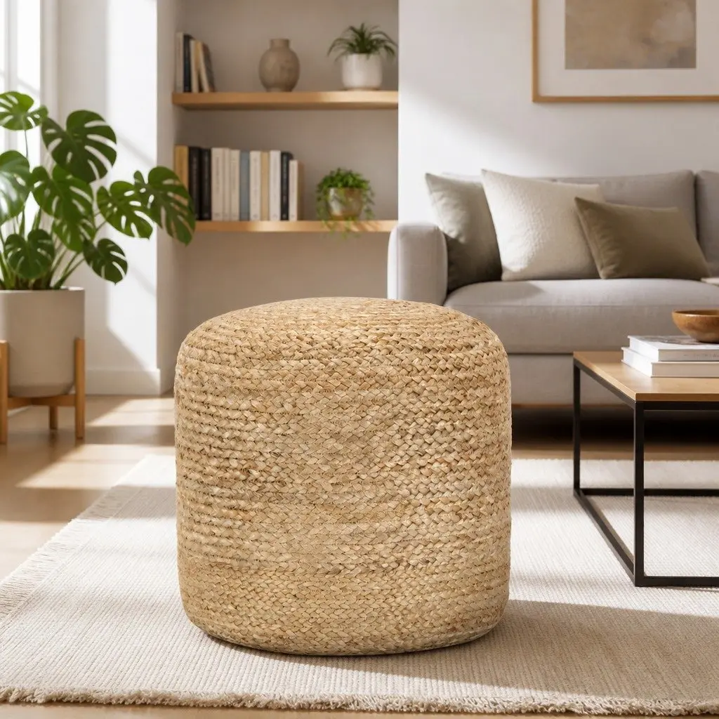 Brown Jute Braided Pouffe Footstool 40x45 cm